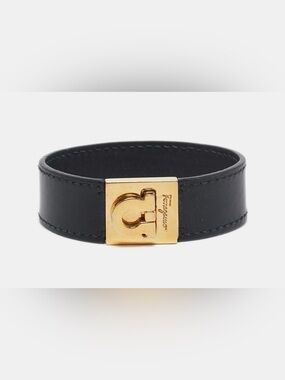 Vintage Salvatore Ferragamo Black Leather Bracelet with Gold Gancini Clasp